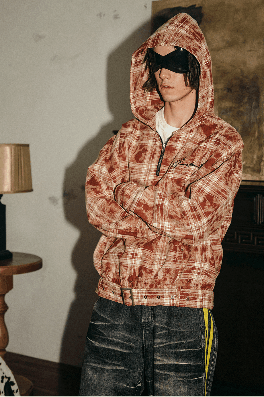 Tie-Dye Hoodie - Half-Zip Belted Checkered Loungewear - 4inme