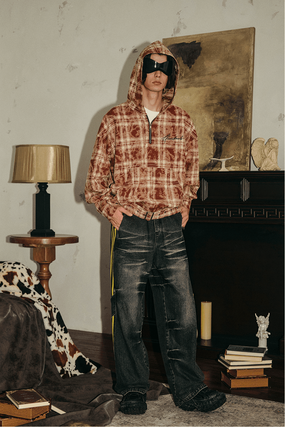 Tie-Dye Hoodie - Half-Zip Belted Checkered Loungewear - 4inme