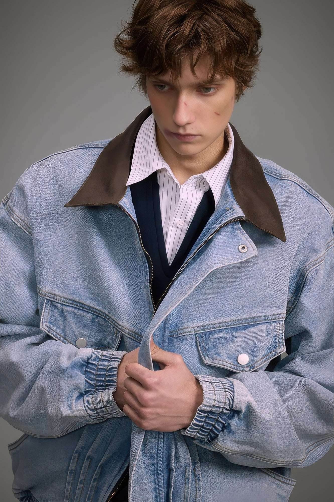 Vintage Washed Denim Jacket with Color Block Collar, American Streetwear Style - 4inme