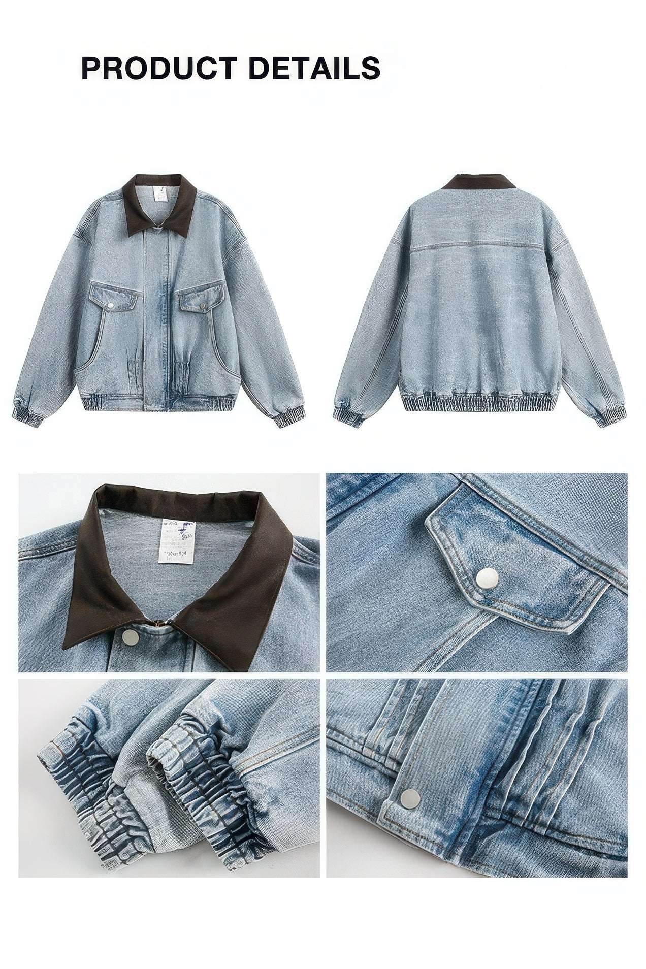 Vintage Washed Denim Jacket with Color Block Collar, American Streetwear Style - 4inme