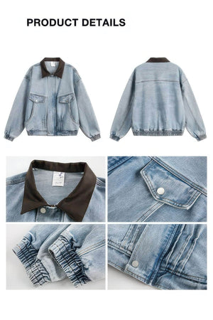 Vintage Washed Denim Jacket with Color Block Collar, American Streetwear Style - 4inme