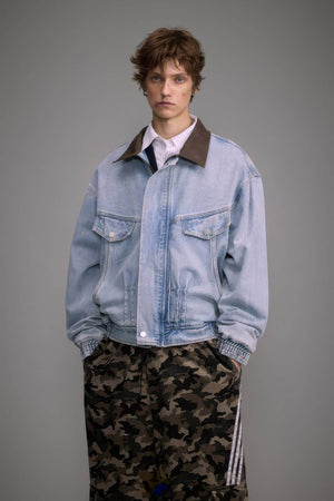 Vintage Washed Denim Jacket with Color Block Collar, American Streetwear Style - 4inme