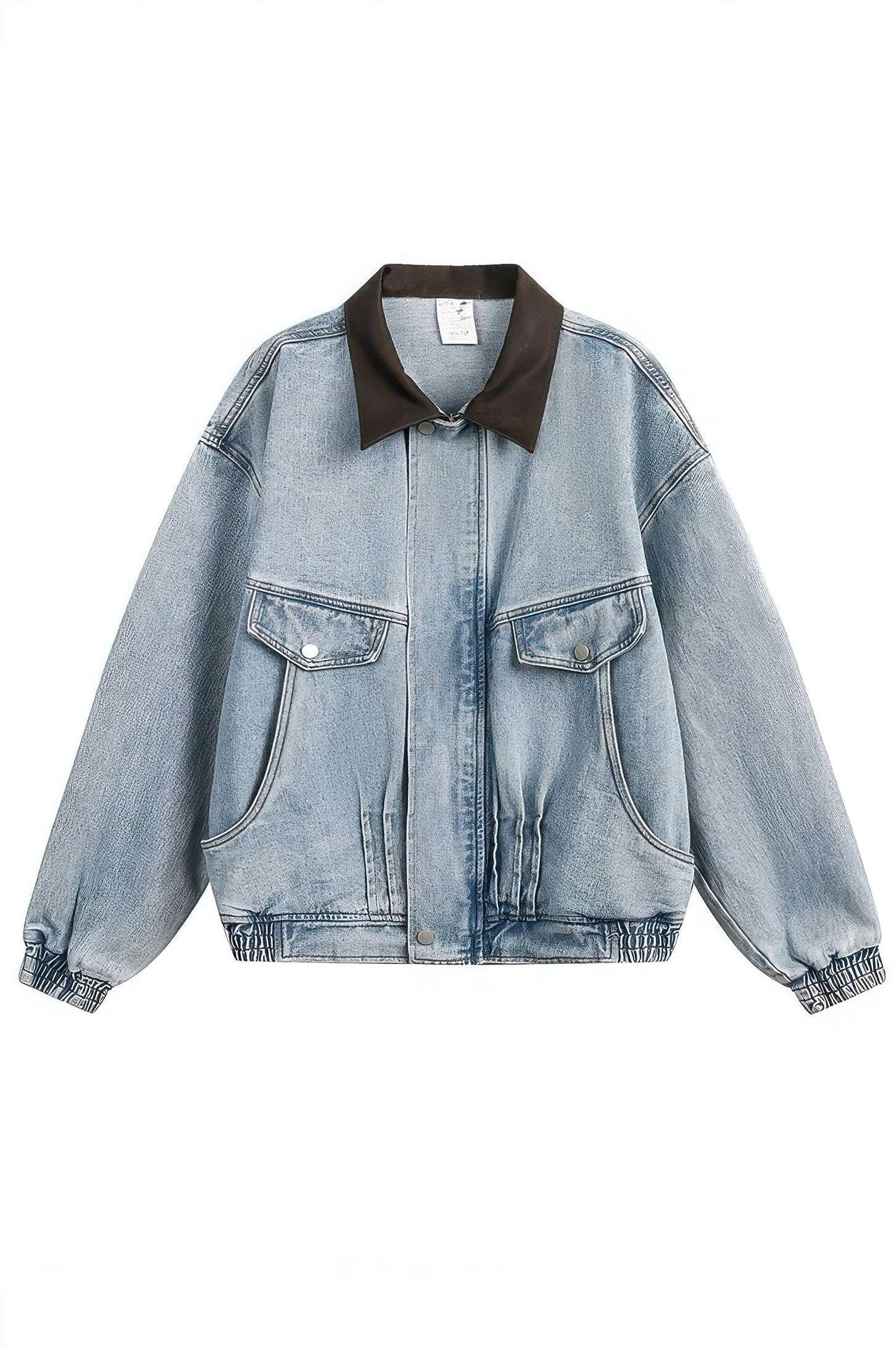 Vintage Washed Denim Jacket with Color Block Collar, American Streetwear Style - 4inme