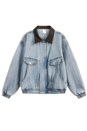 Vintage Washed Denim Jacket with Color Block Collar, American Streetwear Style - 4inme