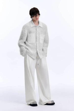 White Chunky Knit Cardigan - Ceramic Button & Shawl Collar Design - 4inme