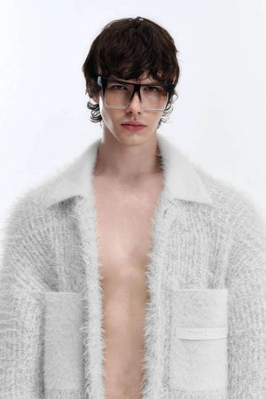 White Chunky Knit Cardigan - Ceramic Button & Shawl Collar Design - 4inme