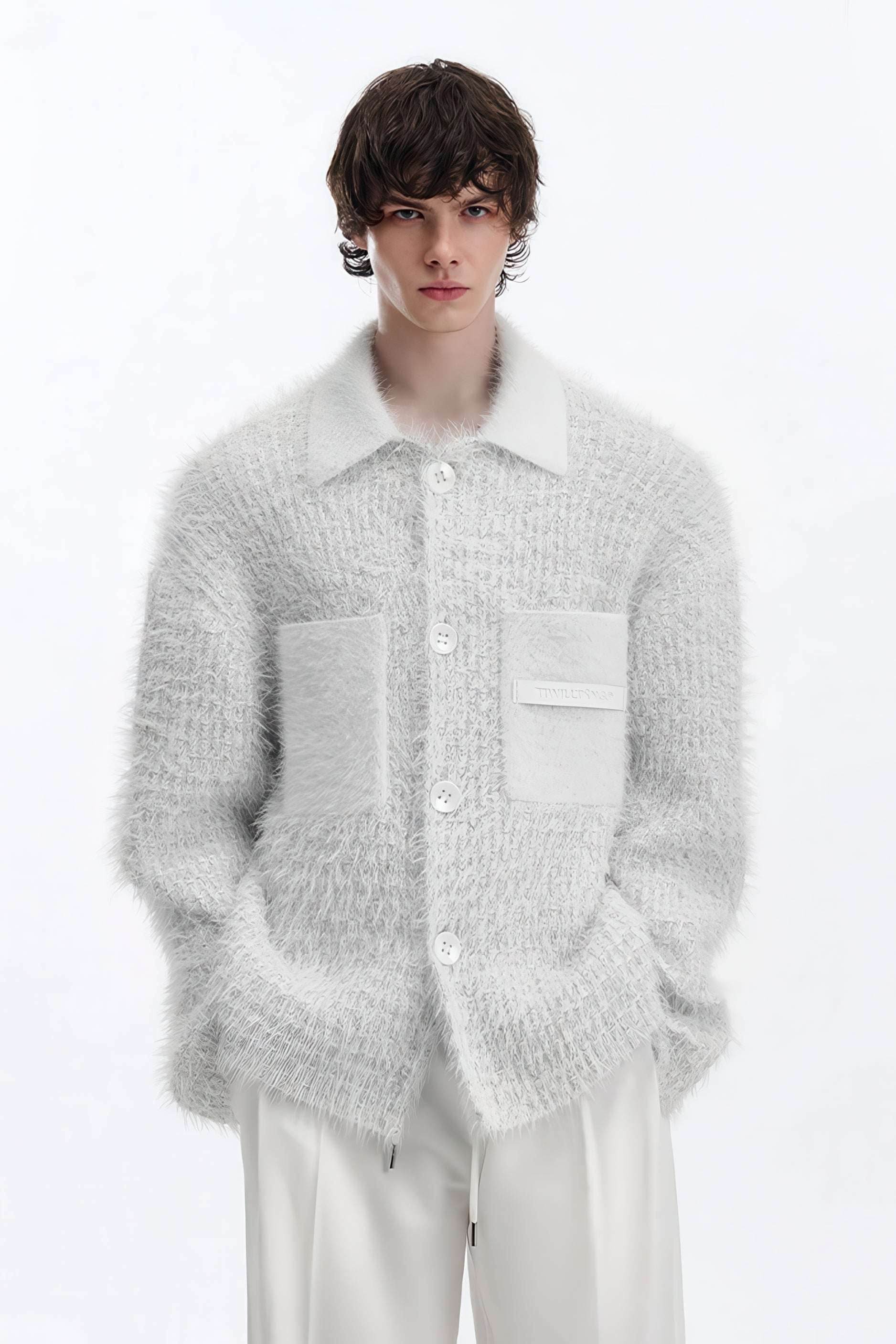 White Chunky Knit Cardigan - Ceramic Button & Shawl Collar Design - 4inme