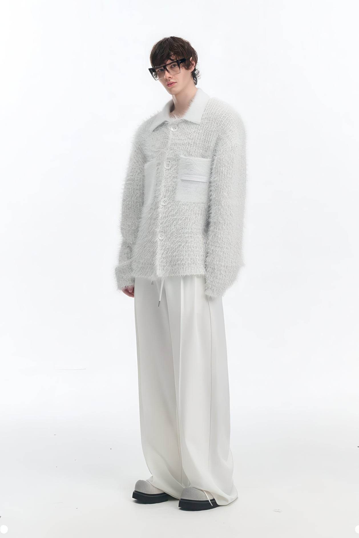 White Chunky Knit Cardigan - Ceramic Button & Shawl Collar Design - 4inme