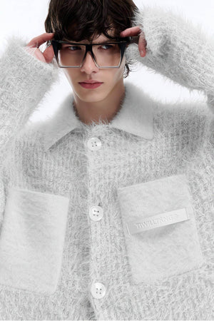 White Chunky Knit Cardigan - Ceramic Button & Shawl Collar Design - 4inme