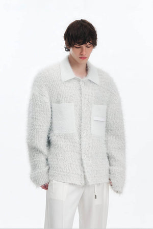 White Chunky Knit Cardigan - Ceramic Button & Shawl Collar Design - 4inme