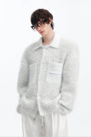 White Chunky Knit Cardigan - Ceramic Button & Shawl Collar Design - 4inme