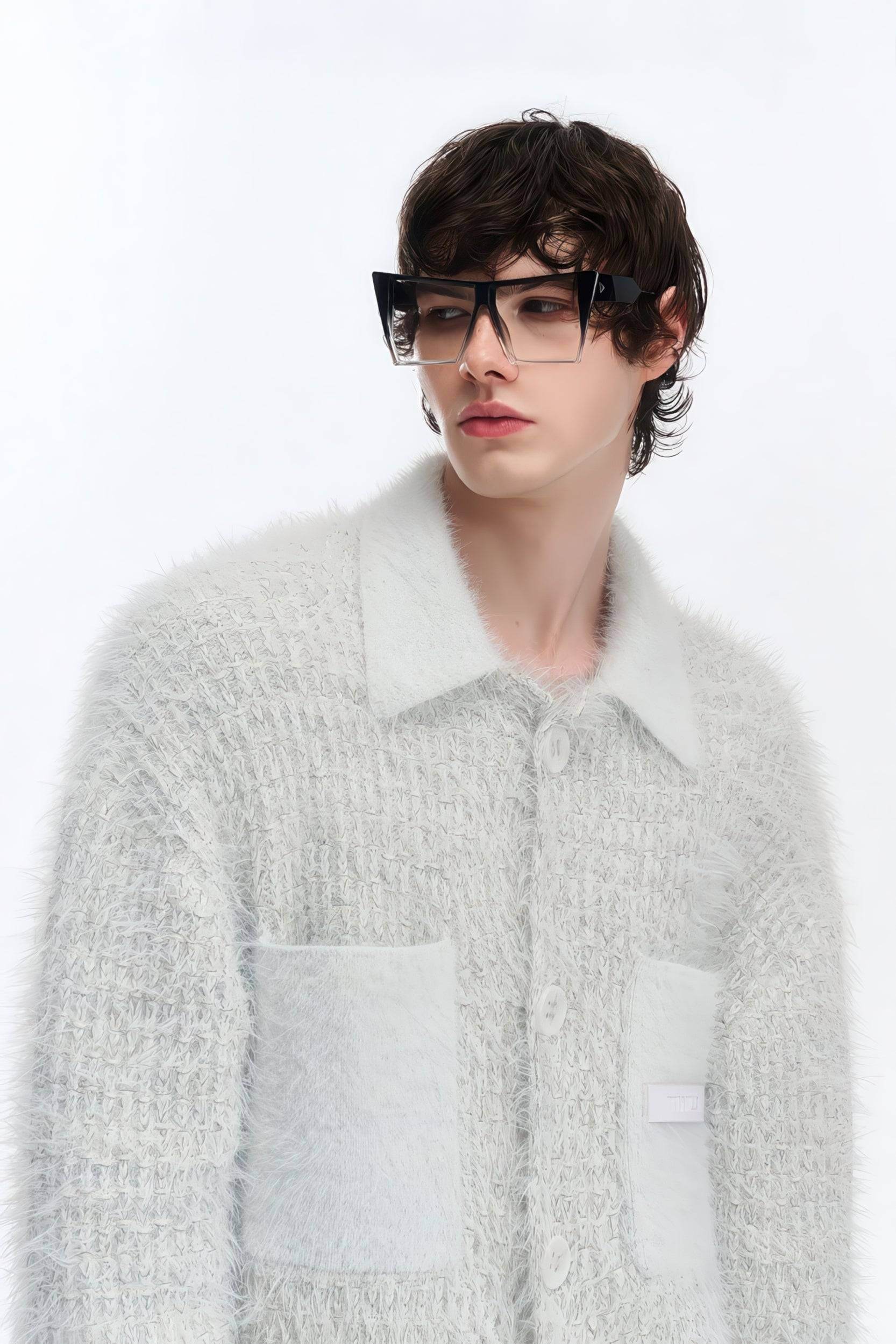 White Chunky Knit Cardigan - Ceramic Button & Shawl Collar Design - 4inme