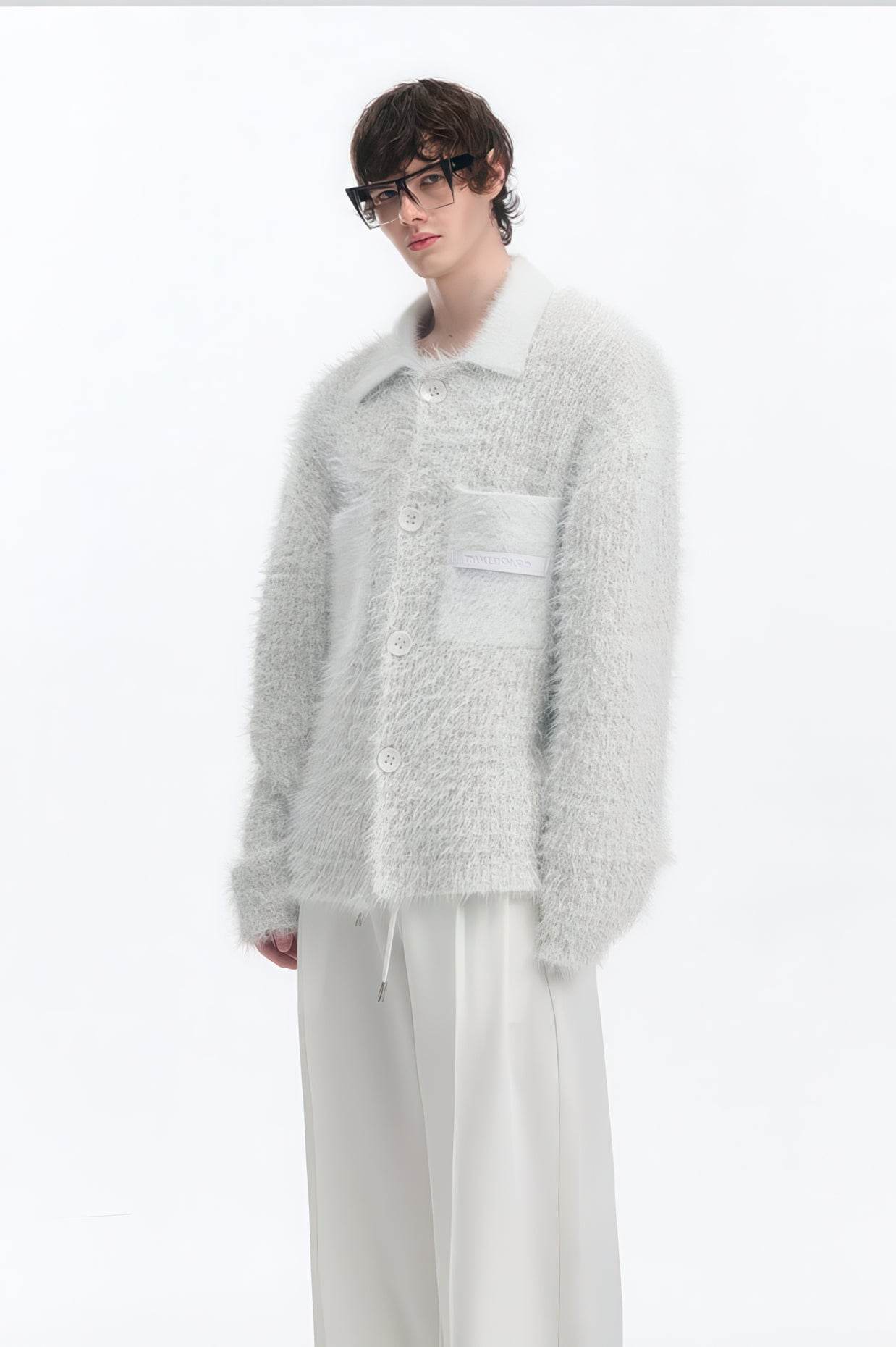 White Chunky Knit Cardigan - Ceramic Button & Shawl Collar Design - 4inme