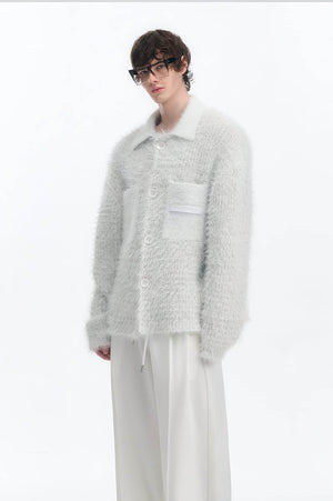 White Chunky Knit Cardigan - Ceramic Button & Shawl Collar Design - 4inme