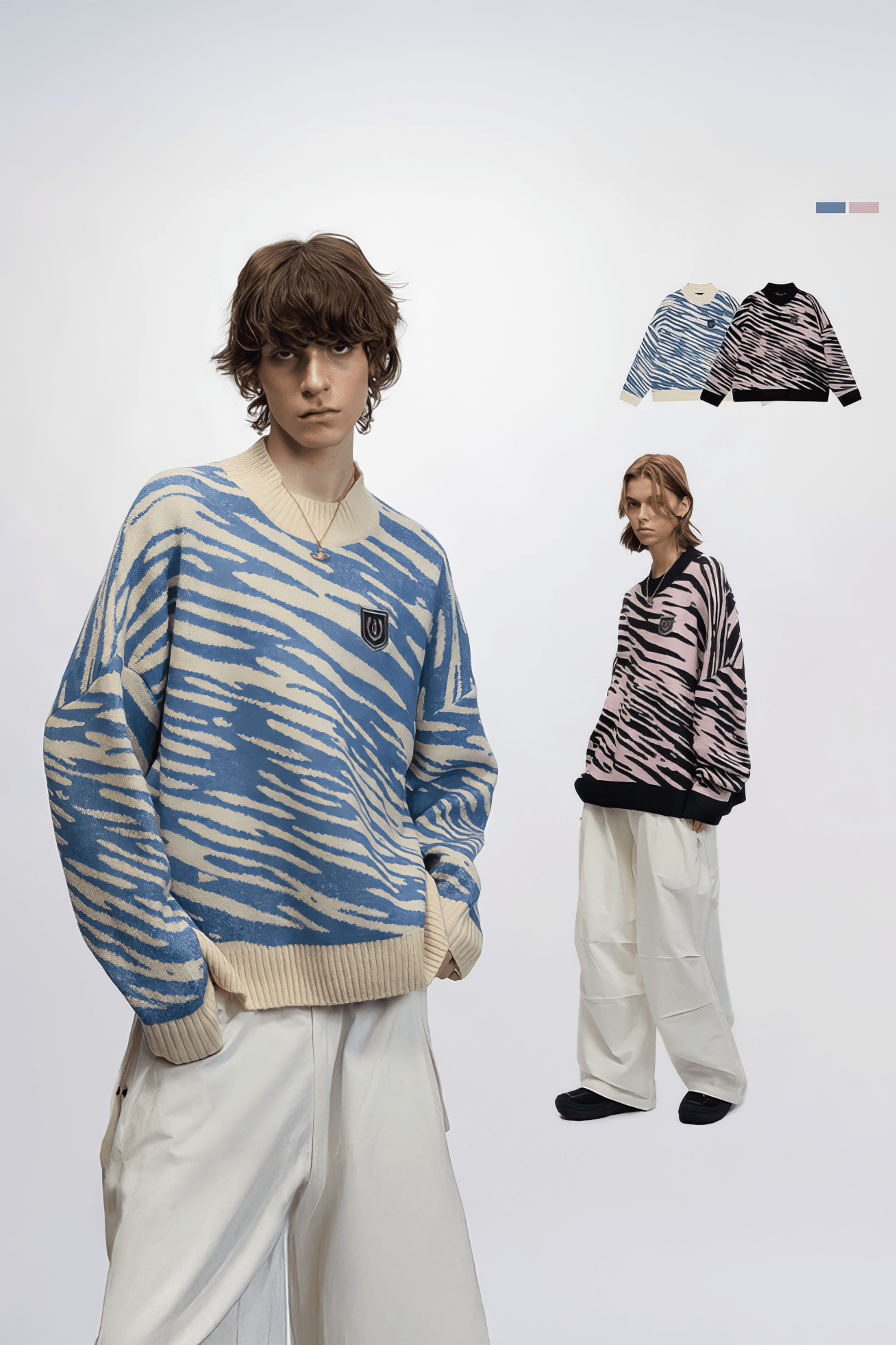 Winter Retro Zebra Knit Sweater – Embroidered Crew Neck for Couples - 4inme