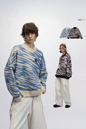 Winter Retro Zebra Knit Sweater – Embroidered Crew Neck for Couples - 4inme