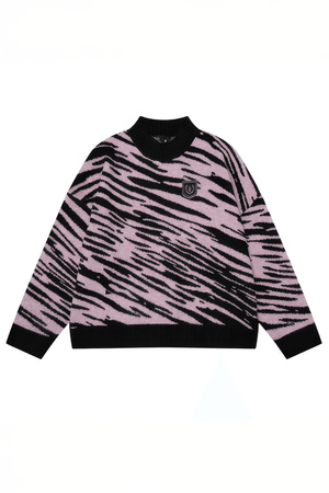 Winter Retro Zebra Knit Sweater – Embroidered Crew Neck for Couples - 4inme