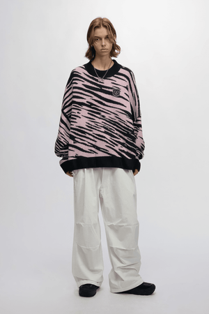 Winter Retro Zebra Knit Sweater – Embroidered Crew Neck for Couples - 4inme