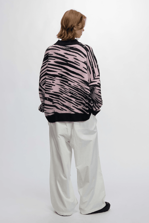 Winter Retro Zebra Knit Sweater – Embroidered Crew Neck for Couples - 4inme