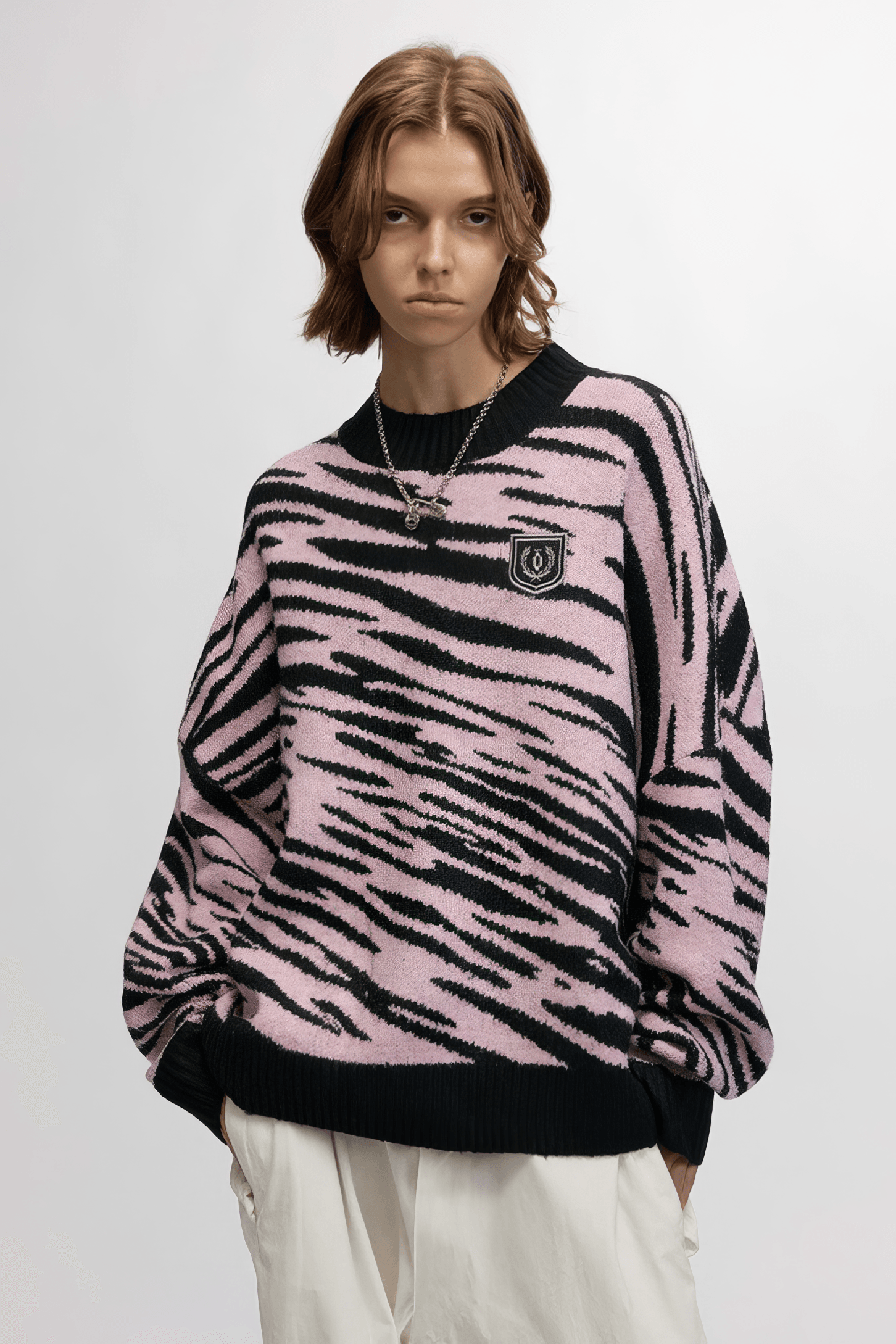 Winter Retro Zebra Knit Sweater – Embroidered Crew Neck for Couples - 4inme