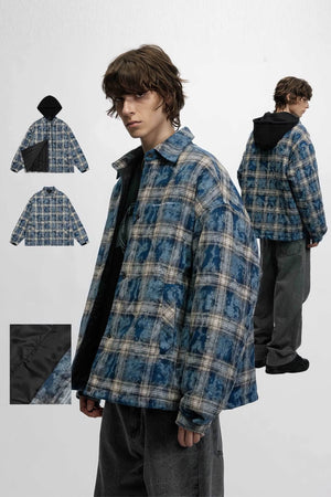 American Streetwear Hip-Hop Plaid Hoodie Jacket – Removable Hood, Cotton Lined - 4inme