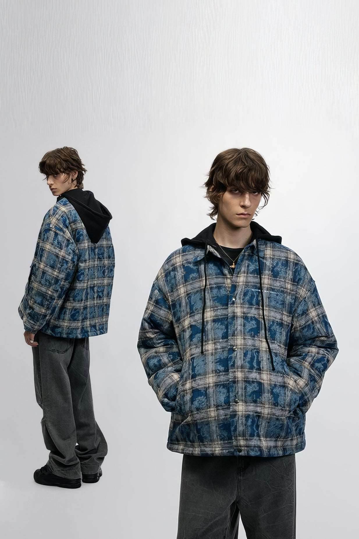 American Streetwear Hip-Hop Plaid Hoodie Jacket – Removable Hood, Cotton Lined - 4inme