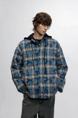 American Streetwear Hip-Hop Plaid Hoodie Jacket – Removable Hood, Cotton Lined - 4inme