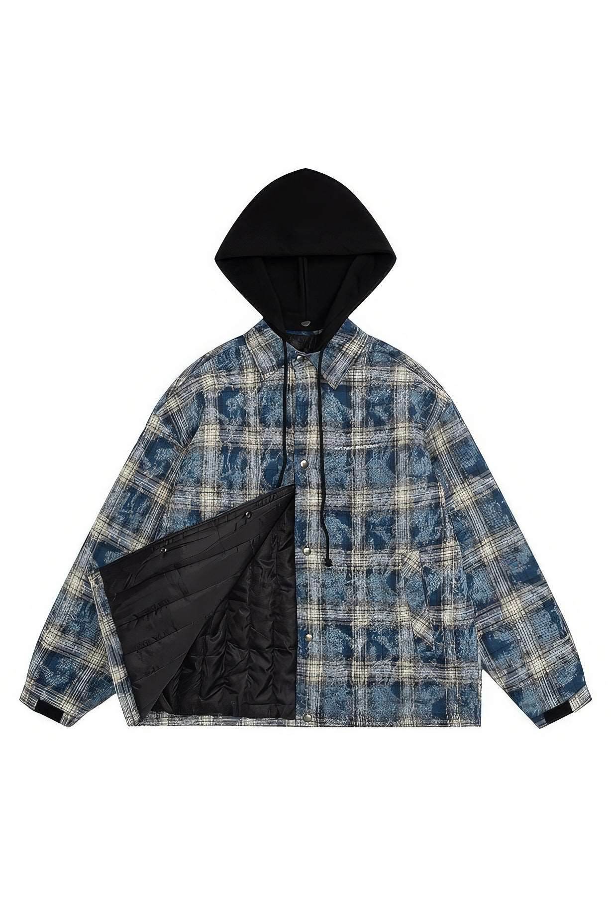 American Streetwear Hip-Hop Plaid Hoodie Jacket – Removable Hood, Cotton Lined - 4inme