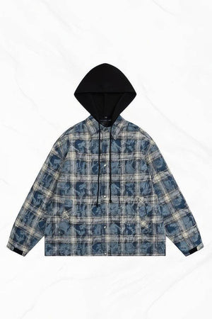 American Streetwear Hip-Hop Plaid Hoodie Jacket – Removable Hood, Cotton Lined - 4inme