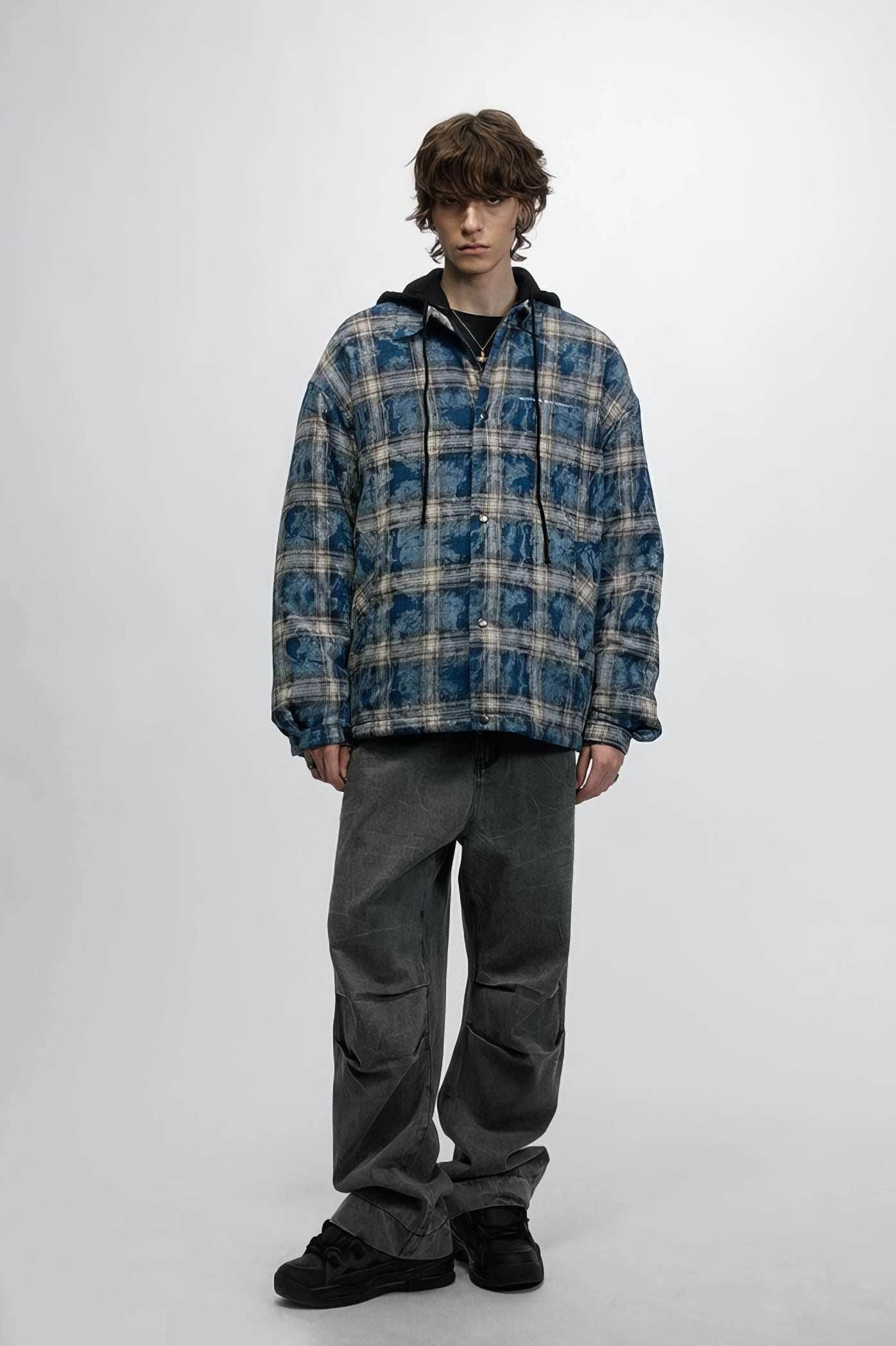 American Streetwear Hip-Hop Plaid Hoodie Jacket – Removable Hood, Cotton Lined - 4inme