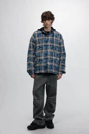 American Streetwear Hip-Hop Plaid Hoodie Jacket – Removable Hood, Cotton Lined - 4inme