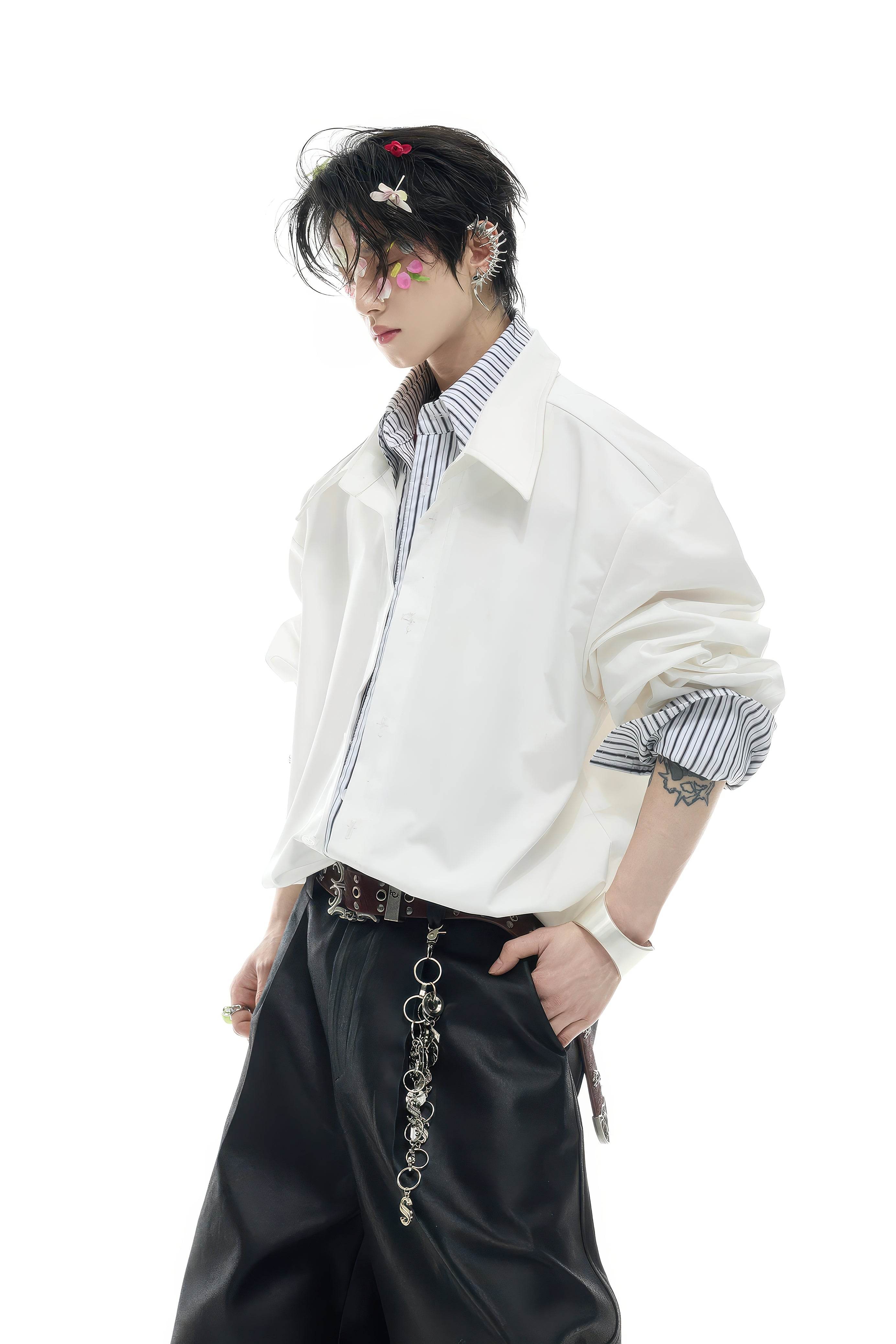 Deconstructed Stripe Shirt - Colorblock Layered Designer Top - 4inme
