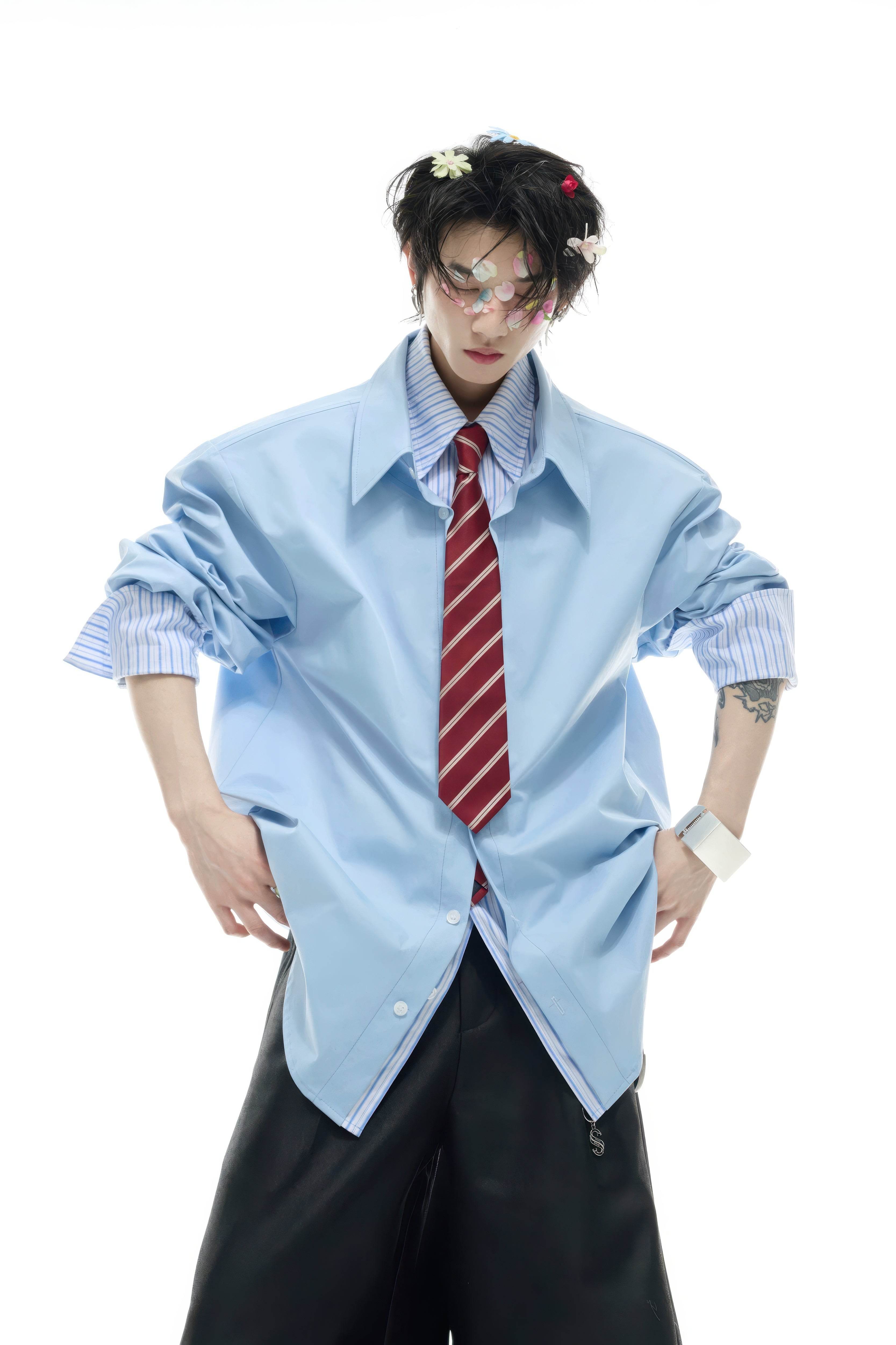 Deconstructed Stripe Shirt - Colorblock Layered Designer Top - 4inme