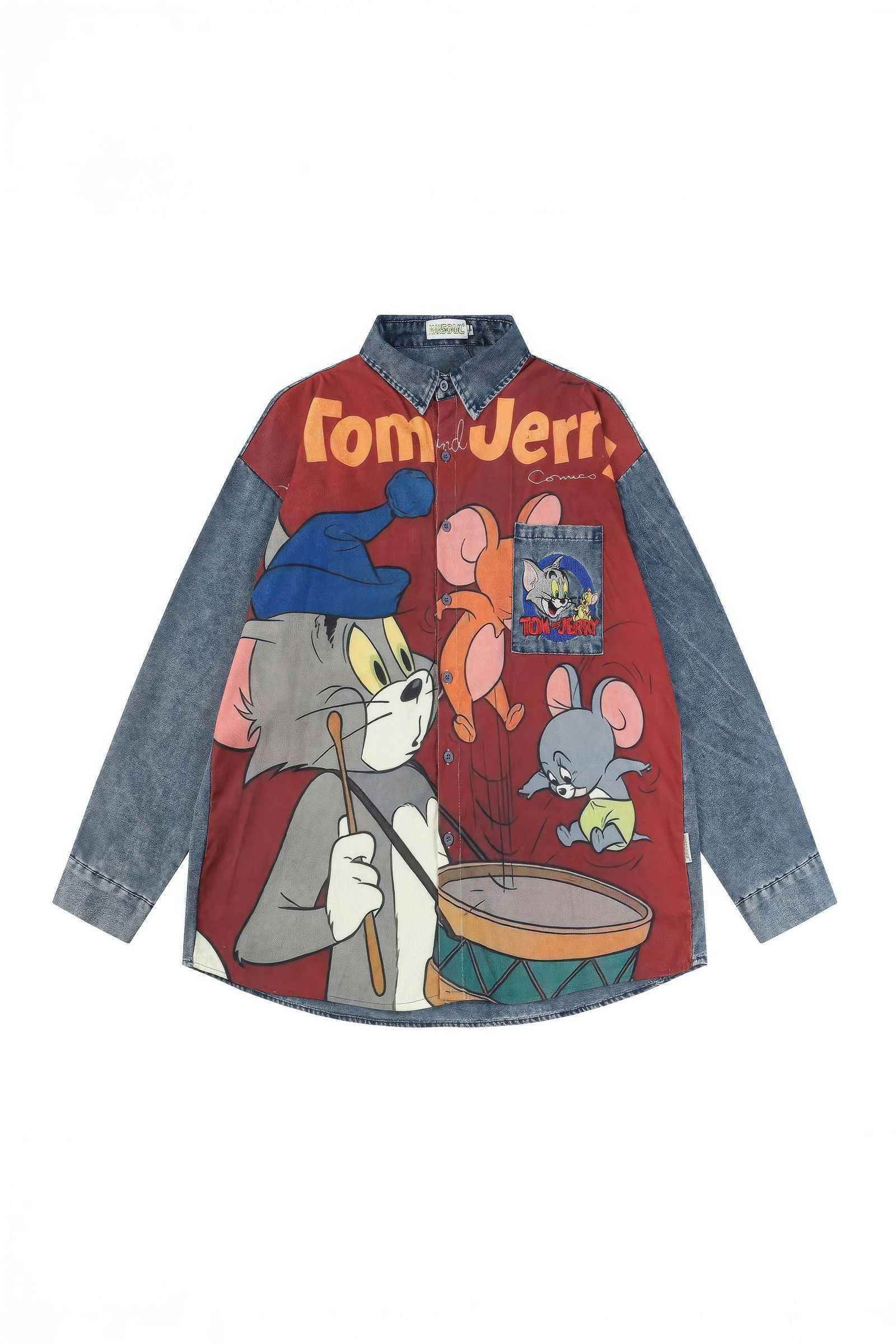 Corduroy & Denim Cartoon Patch Shirt - Unisex Oversized Street Style - 4inme