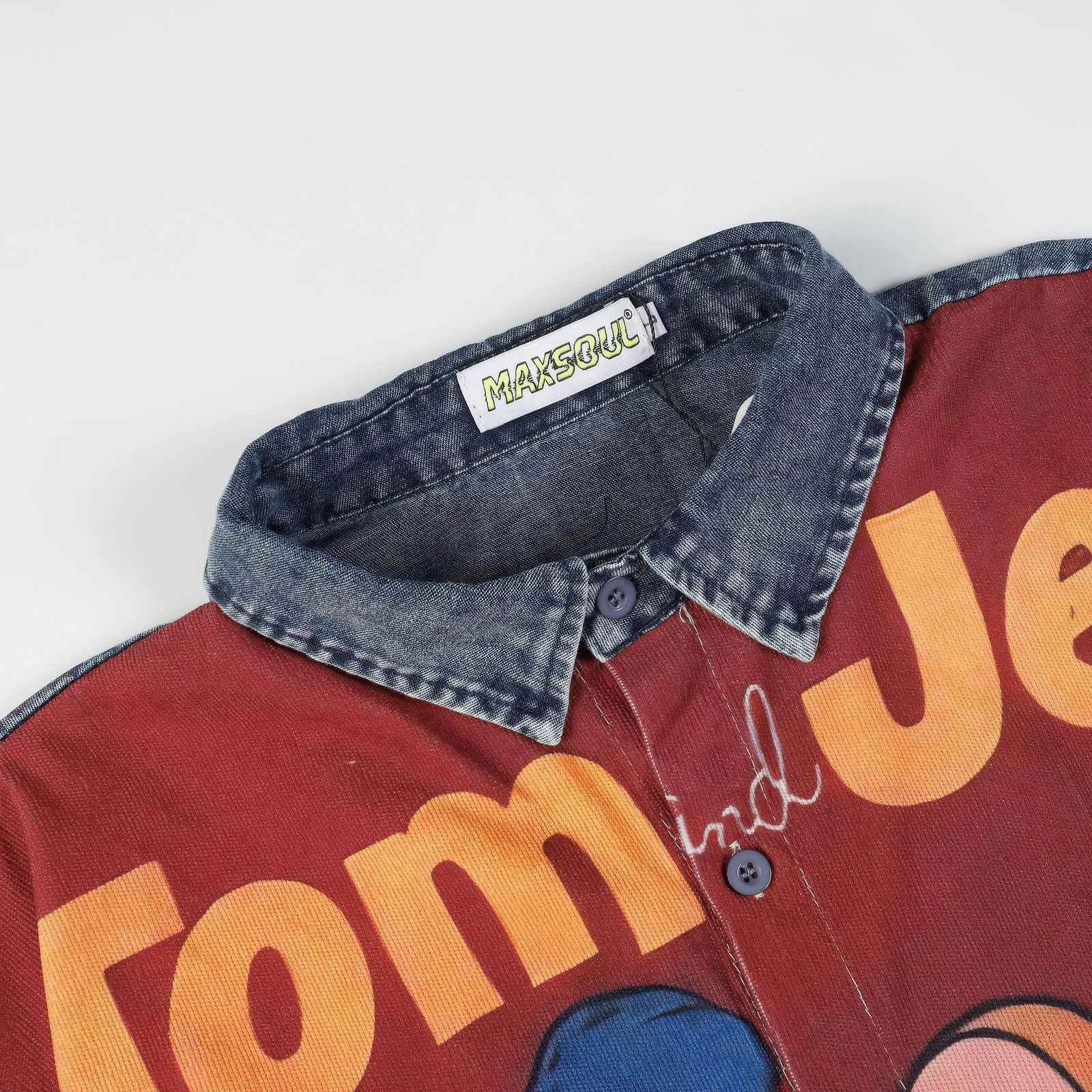 Corduroy & Denim Cartoon Patch Shirt - Unisex Oversized Street Style - 4inme