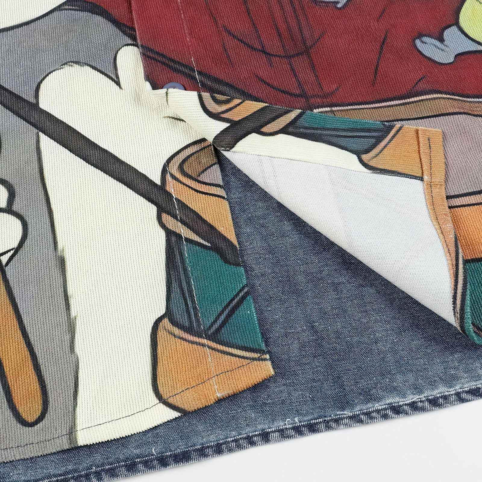Corduroy & Denim Cartoon Patch Shirt - Unisex Oversized Street Style - 4inme