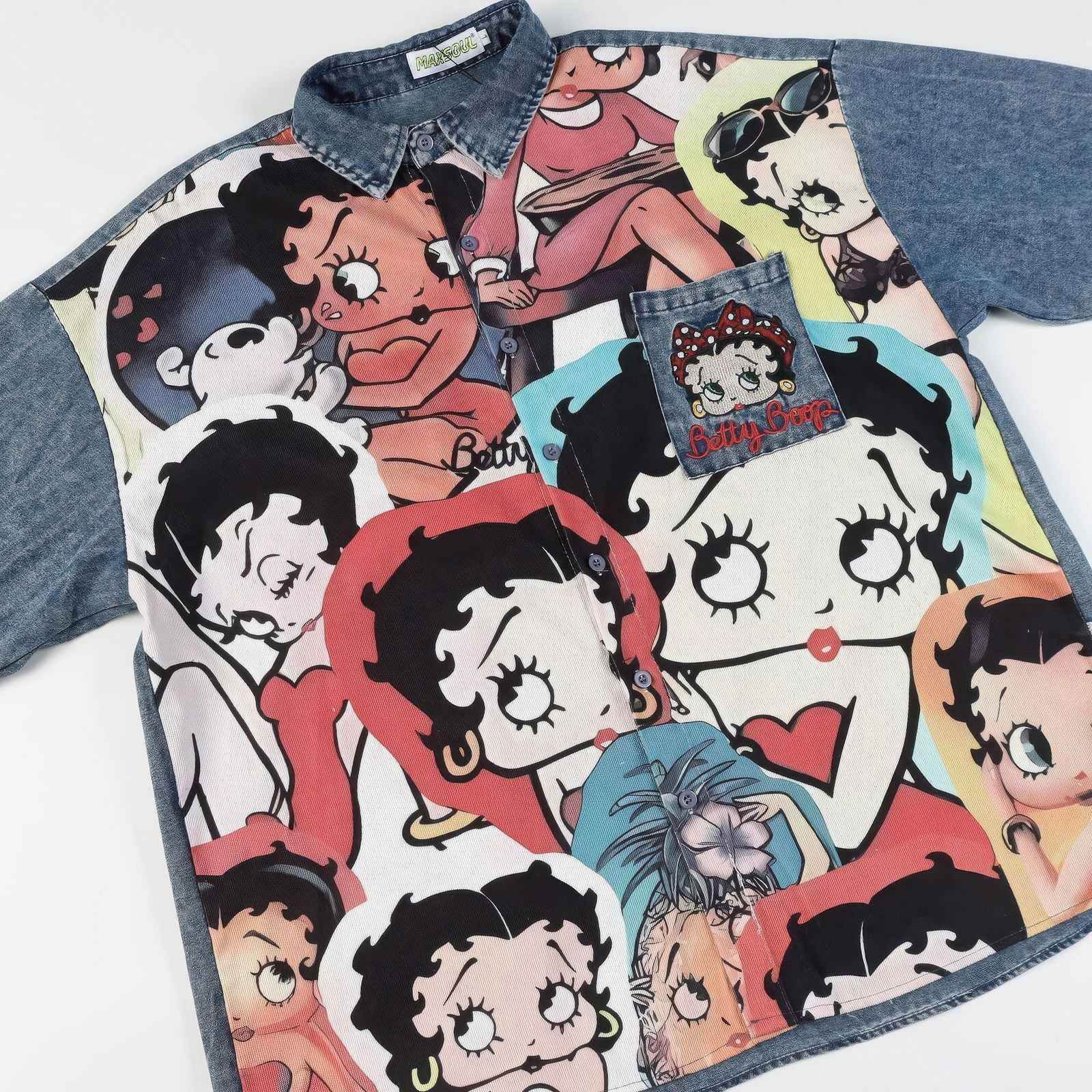 Corduroy & Denim Cartoon Patch Shirt - Unisex Oversized Street Style - 4inme