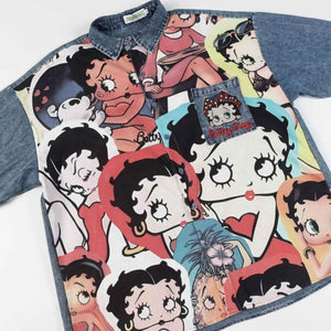 Corduroy & Denim Cartoon Patch Shirt - Unisex Oversized Street Style - 4inme