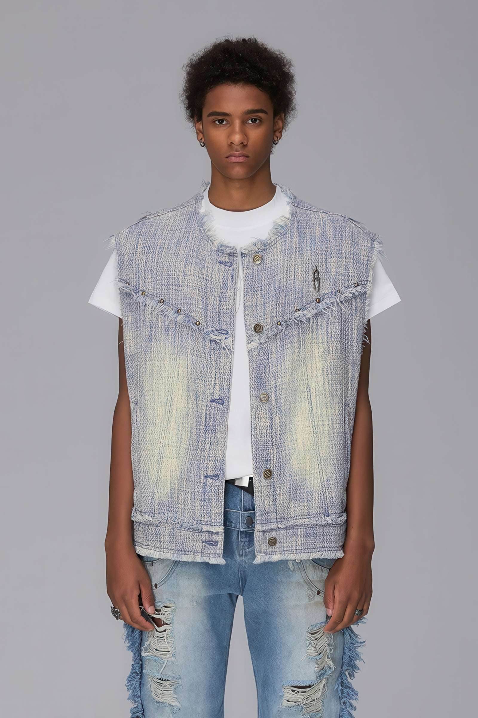 Distressed Denim Vest - Washed Rivet & Frayed Hem Design - 4inme