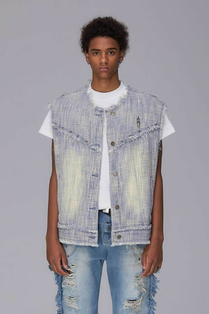 Distressed Denim Vest - Washed Rivet & Frayed Hem Design - 4inme