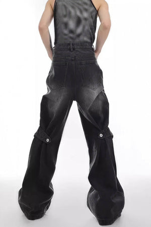 Distressed Denim Patchwork Jeans - Convertible Flare Design - 4inme