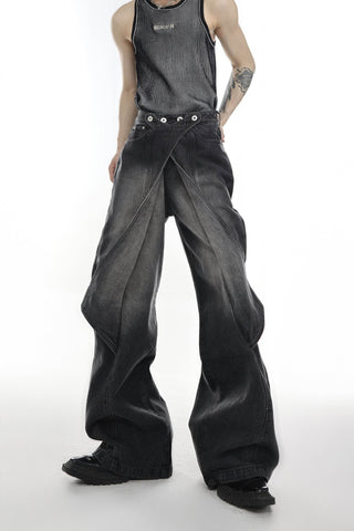 Distressed Denim Patchwork Jeans - Convertible Flare Design - 4inme