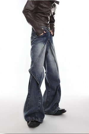 Distressed Denim Patchwork Jeans - Convertible Flare Design - 4inme
