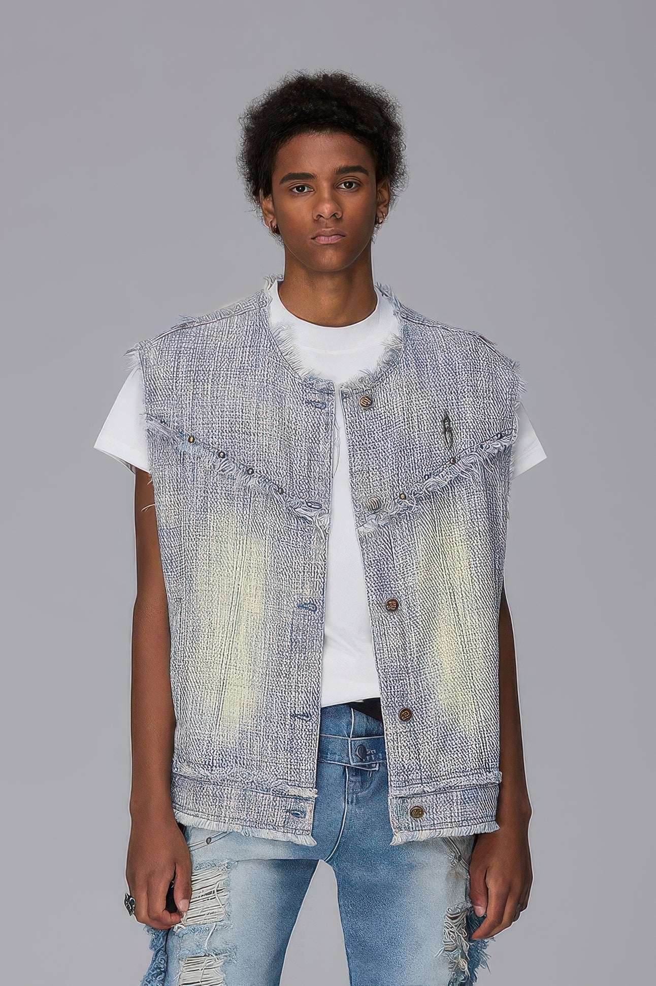 Distressed Denim Vest - Washed Rivet & Frayed Hem Design - 4inme