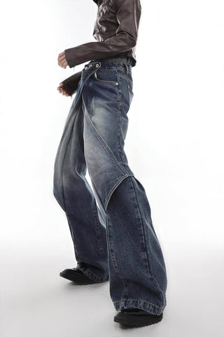 Distressed Denim Patchwork Jeans - Convertible Flare Design - 4inme