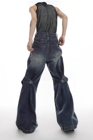 Distressed Denim Patchwork Jeans - Convertible Flare Design - 4inme