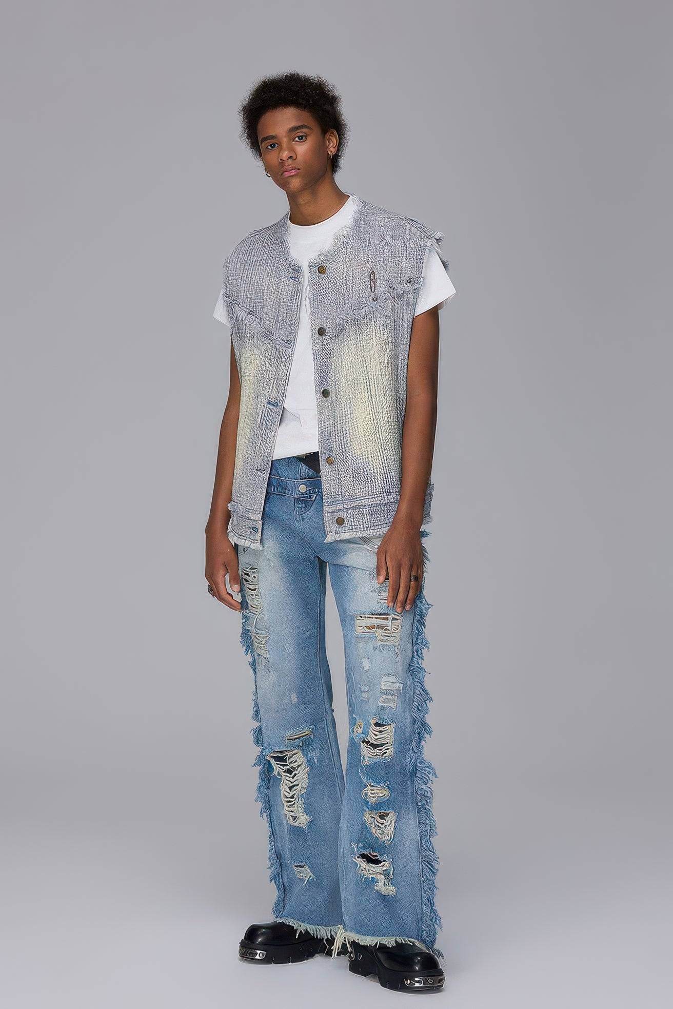 Distressed Denim Vest - Washed Rivet & Frayed Hem Design - 4inme