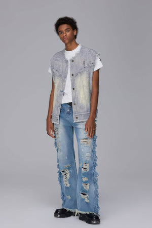 Distressed Denim Vest - Washed Rivet & Frayed Hem Design - 4inme