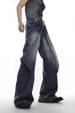 Distressed Denim Patchwork Jeans - Convertible Flare Design - 4inme