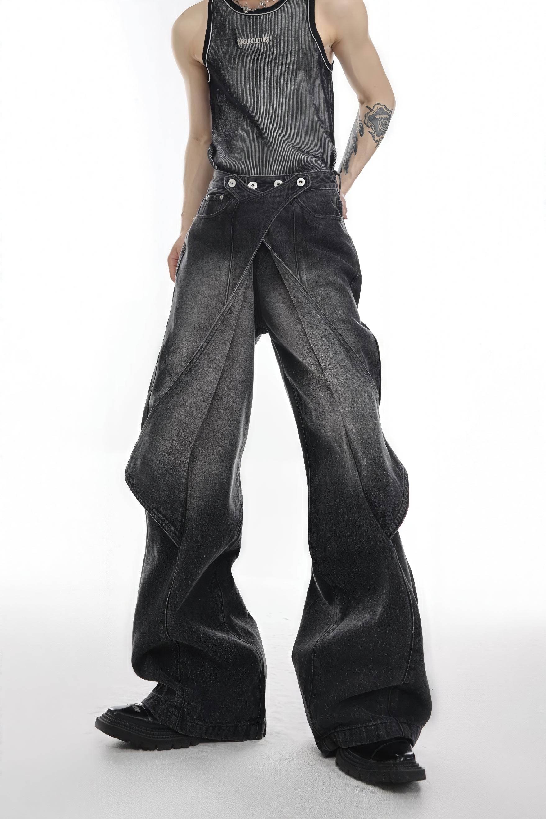 Distressed Denim Patchwork Jeans - Convertible Flare Design - 4inme